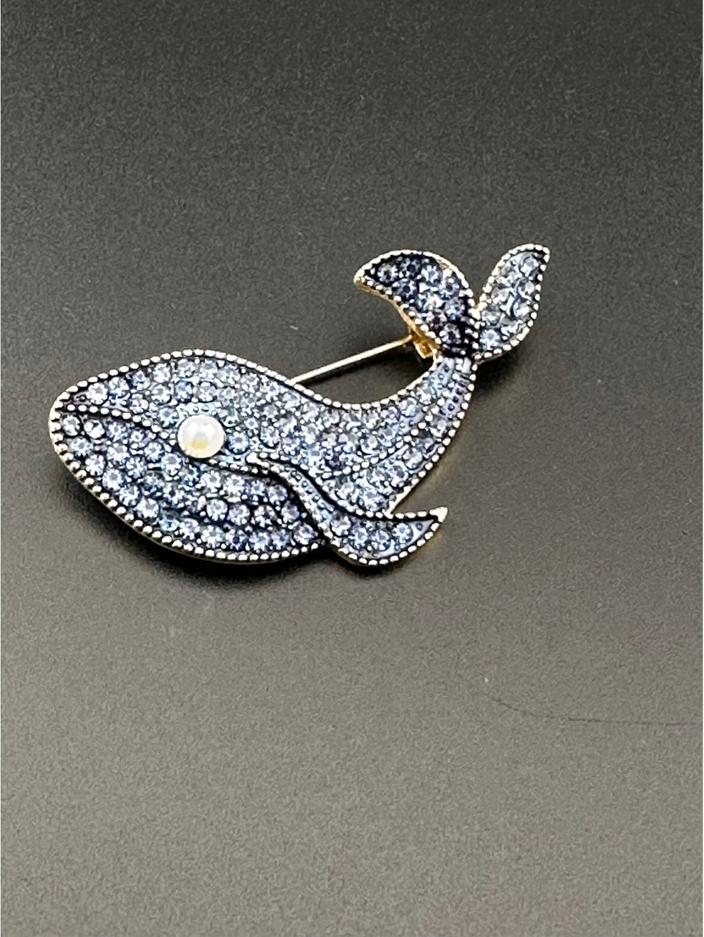 Blue Whale Brooch with Rhinestones and Pearl Accent